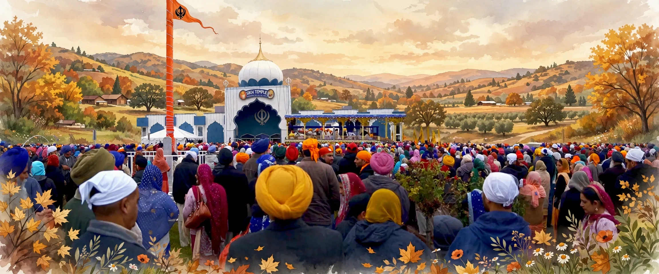 AI-generated editorial design for Jugti, incorporating original photograph of Yuba City Nagar Kirtan 2011 by Jujhar.pannu (CC0)