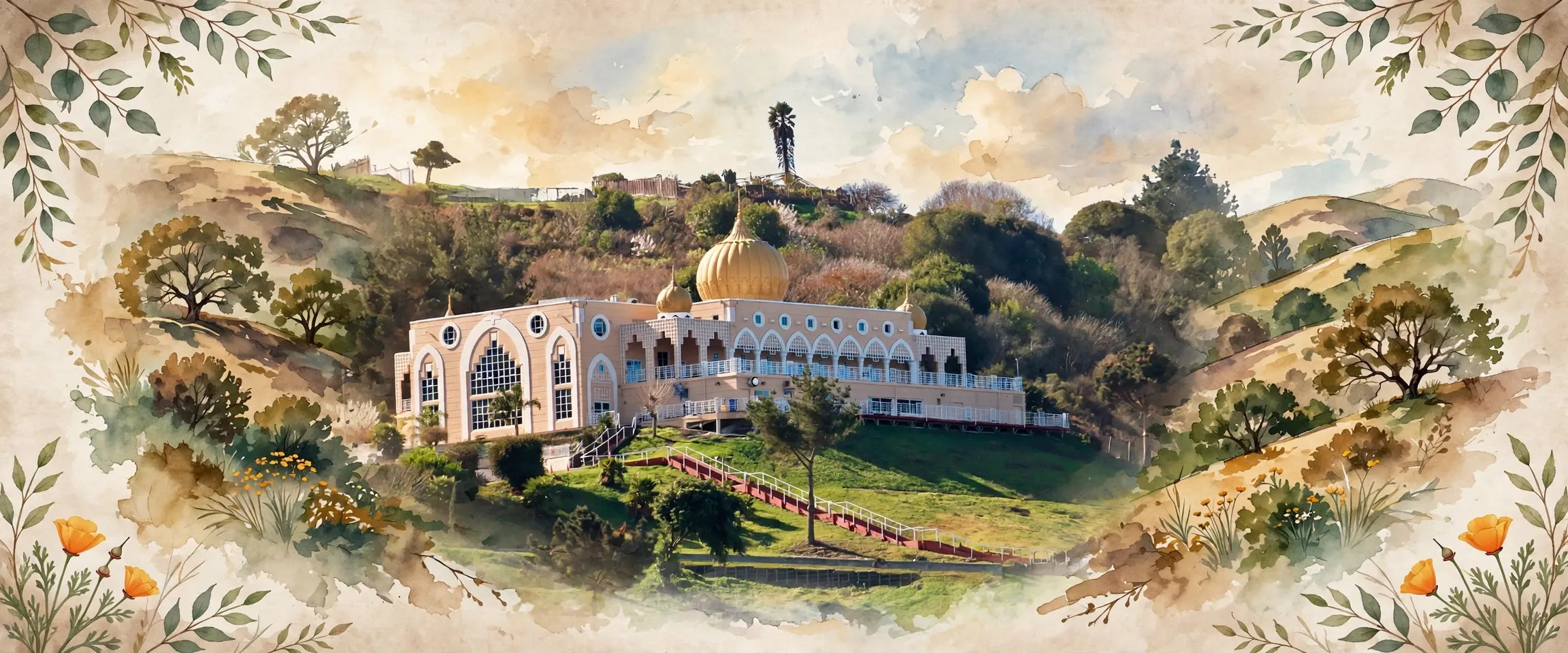 AI-generated editorial design for Jugti, incorporating original photograph of Gurdwara Sahib, El Sobrante by Coro (CC BY-SA 3.0)