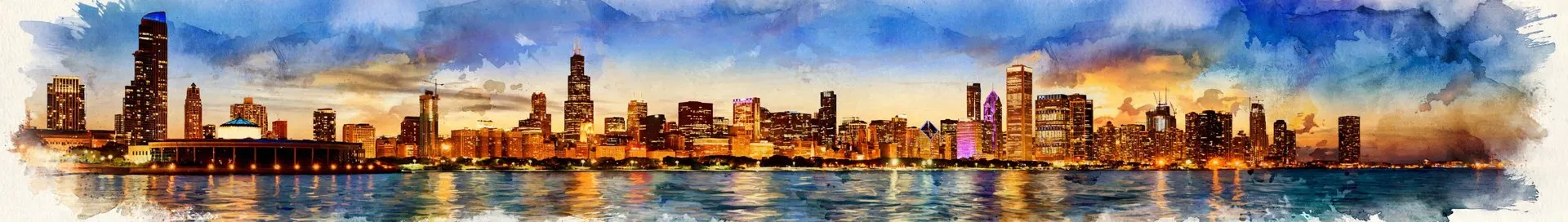 Chicago skyline at sunset from the Adler Planetarium across Lake Michigan