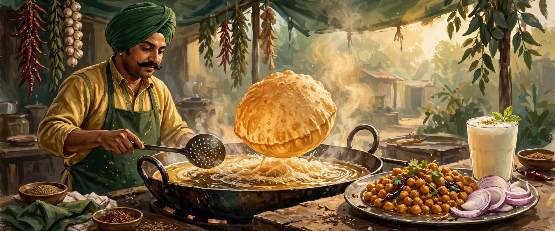 Painterly illustration of a Punjabi dhaba cook deep frying a bhatura in a large iron kadhai, the golden bread puffing up like a balloon, with a plate of spiced chickpea curry, sliced onions and a tall glass of lassi nearby