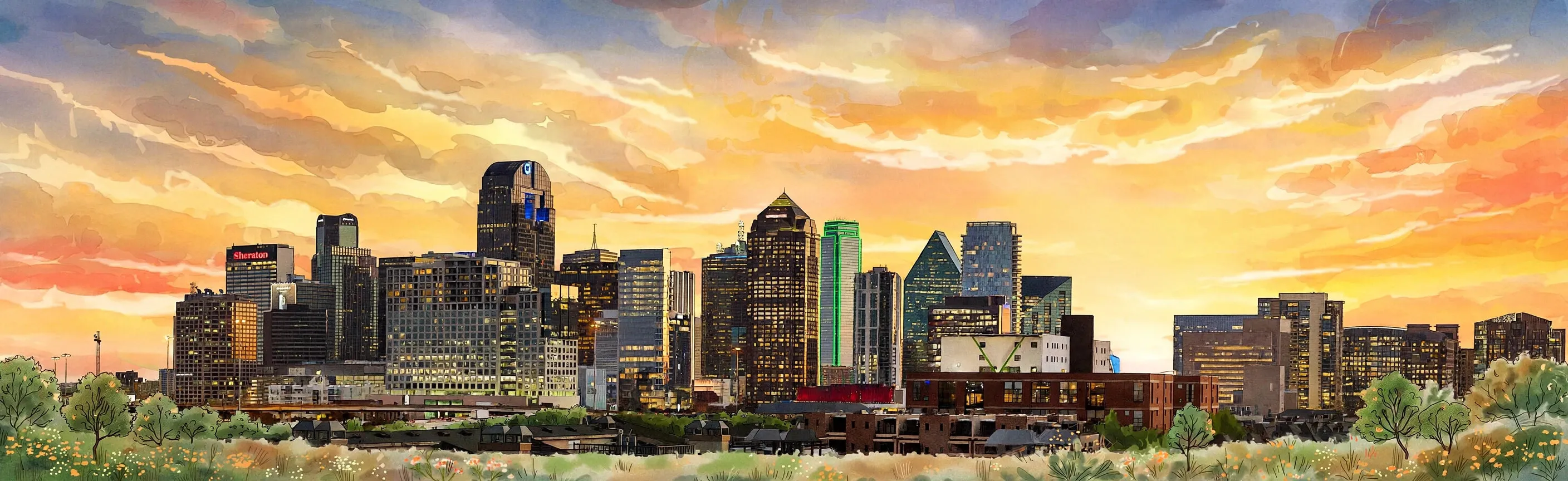 Dallas skyline at dusk, with the green lit Bank of America Plaza tower