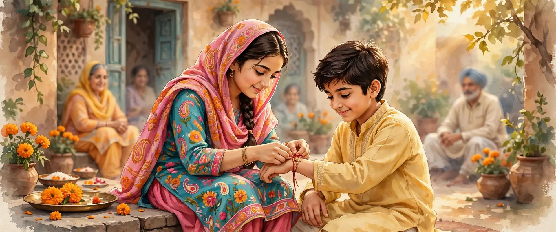 Painterly illustration of a Punjabi sister in a colourful salwar kameez tying a rakhi thread on her brother's wrist in a family home courtyard in Punjab, marigold flowers and a brass plate nearby, golden morning light