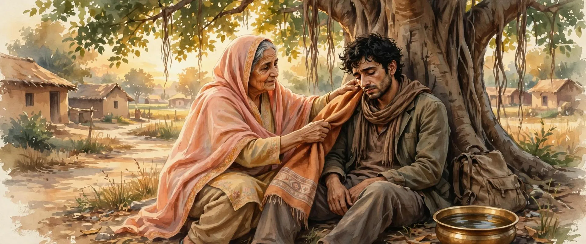 Painterly illustration of an elderly Punjabi woman gently placing a shawl over a tired young traveller sitting under a large village tree, a brass bowl of water nearby, evoking pity and compassion