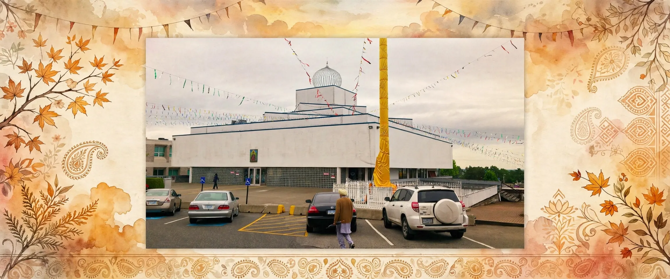 AI-generated editorial design for Jugti, incorporating original photograph of the Khalsa Diwan Society Ross Street Gurdwara, Vancouver by InverseHypercube (CC BY-SA 3.0)