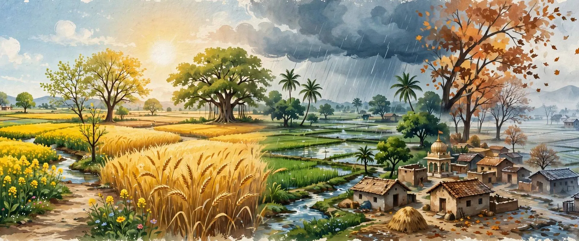Painterly illustration of Punjabi fields through the turning seasons, from spring mustard bloom and summer gold to monsoon rain, autumn leaves and winter fog