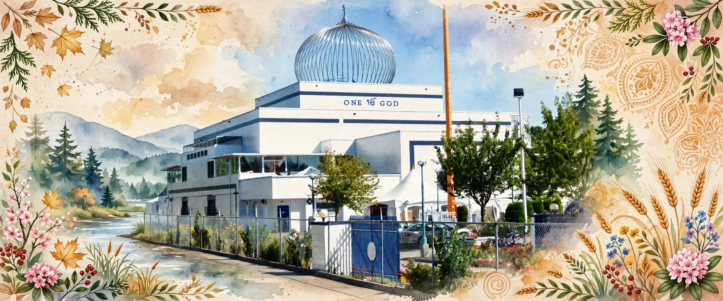 AI-generated editorial design for Jugti, incorporating original photograph of Guru Nanak Sikh Gurdwara, Surrey by Leoboudv (CC BY-SA 3.0)
