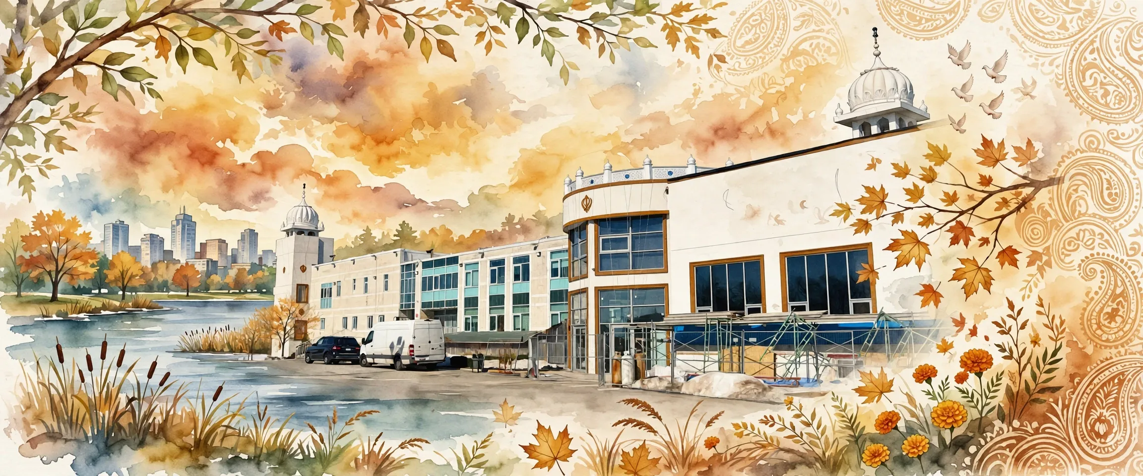 AI-generated editorial design for Jugti, incorporating original photograph of Ontario Khalsa Darbar, Mississauga by MaplesyrupSushi (CC BY-SA 4.0)