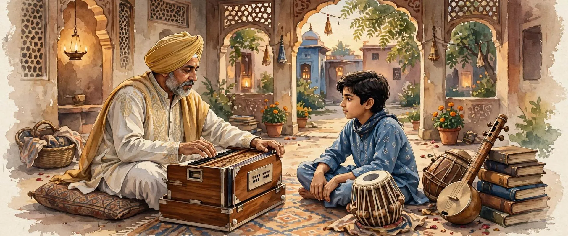 Painterly illustration of a Punjabi ustaad, a music master at a harmonium teaching a young student, tabla and string instruments beside them in a courtyard