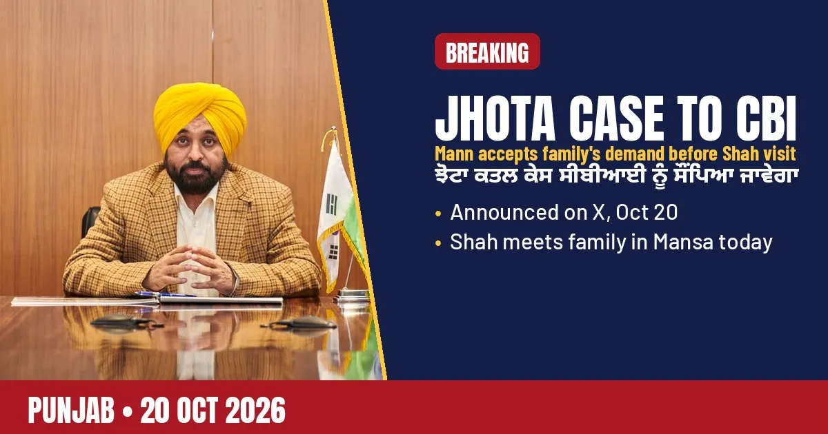 Breaking-news poster: Punjab Chief Minister Bhagwant Mann announces CBI probe into Jhota murder