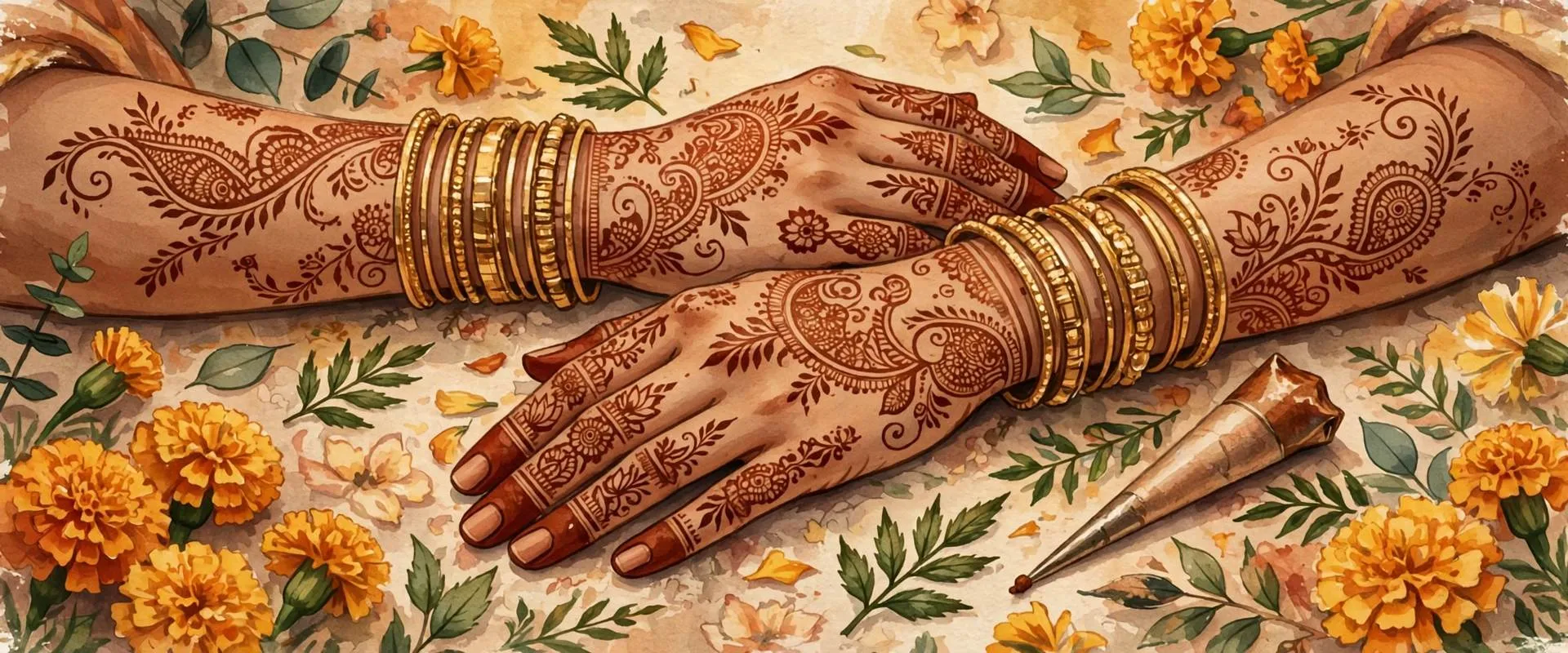 Painterly illustration of a bride's hands and forearms painted with intricate reddish brown henna mehndi patterns, with a henna cone, marigolds and henna leaves