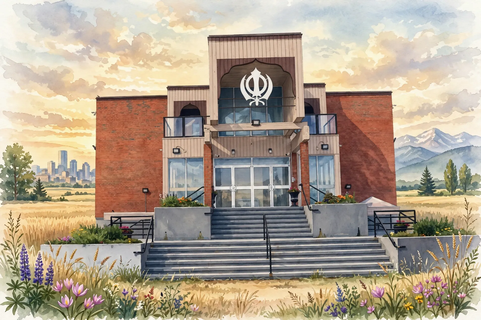 AI-generated editorial design for Jugti, incorporating original photograph of the Sikh Society of Calgary gurdwara by Harpreet Sandhu (CC BY-SA 4.0)