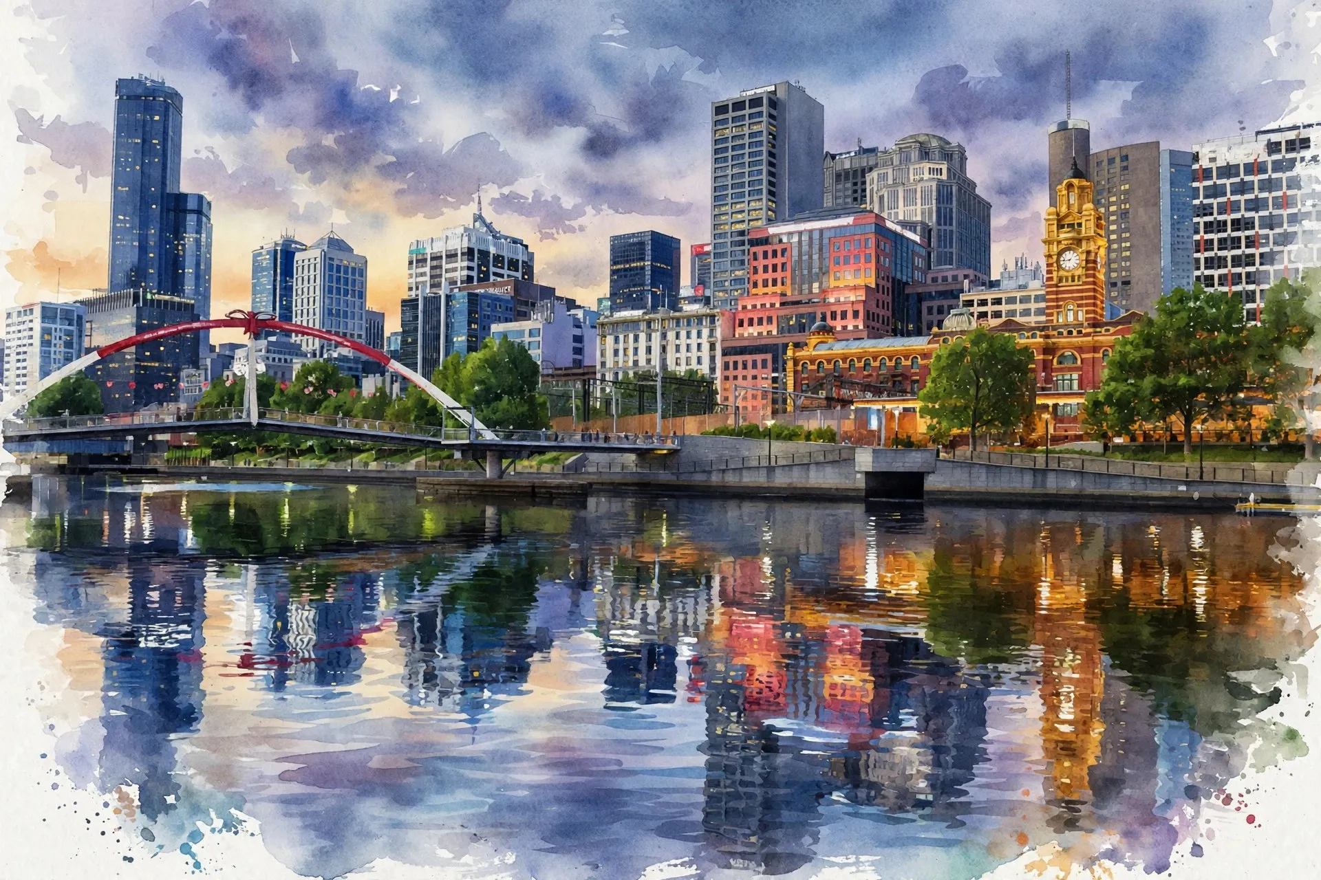 Melbourne skyline at dusk across the Yarra River, with the Flinders Street Station clock tower and the Evan Walker Bridge