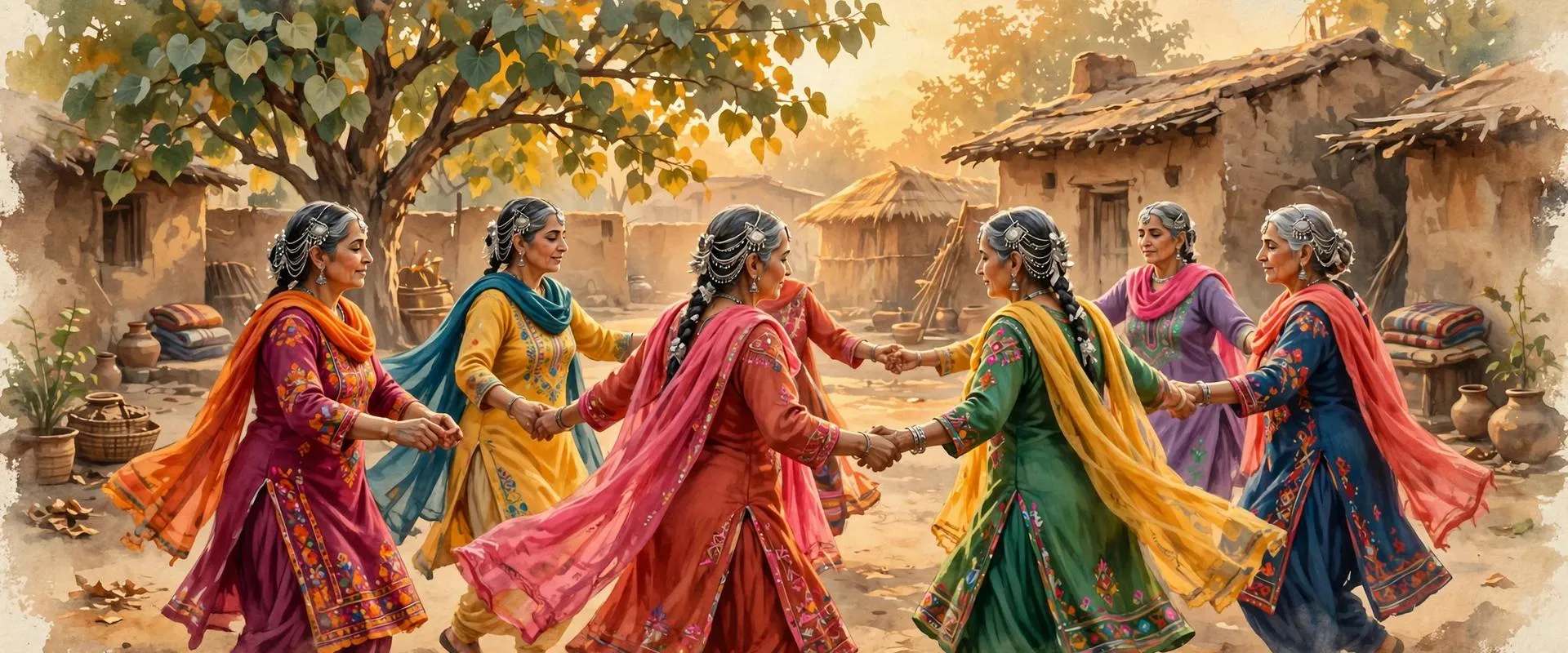 Painterly illustration of Punjabi women in colourful embroidered kurtas and dupattas dancing the sammi folk dance in a slow circle under a peepal tree in a village courtyard, with silver hair ornaments