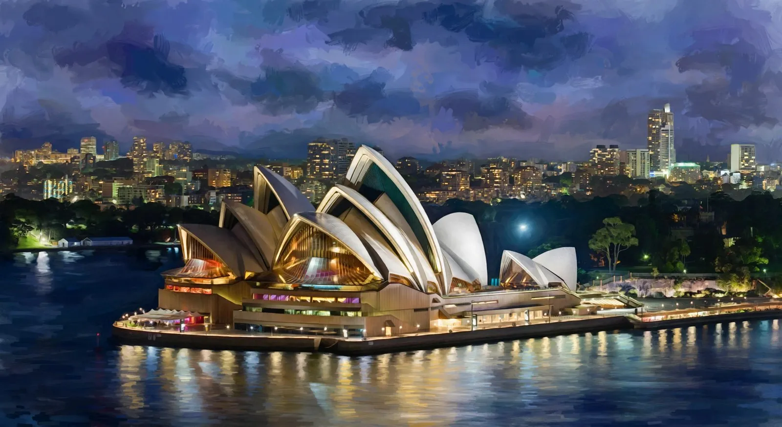 Sydney Opera House lit up at night on Sydney Harbour, its white sails reflected in the water
