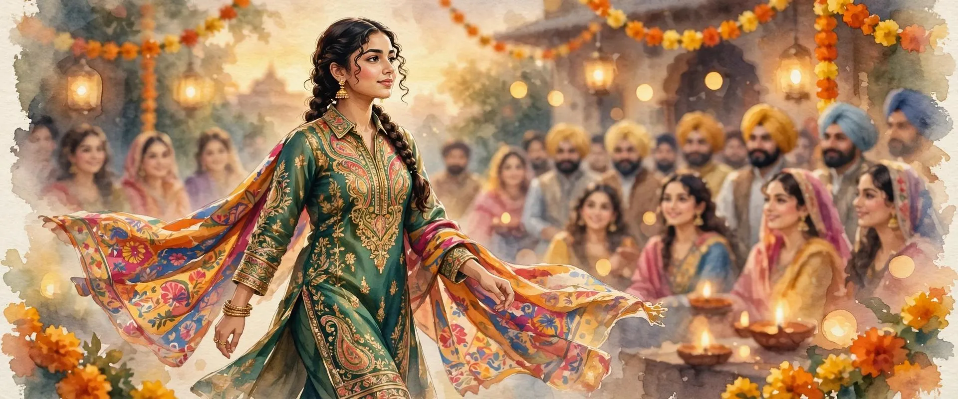 Painterly illustration of a young Punjabi woman in an elegant embroidered green silk outfit with a colourful flowing dupatta, stepping out confidently at a festive gathering with marigold garlands and warm evening lights