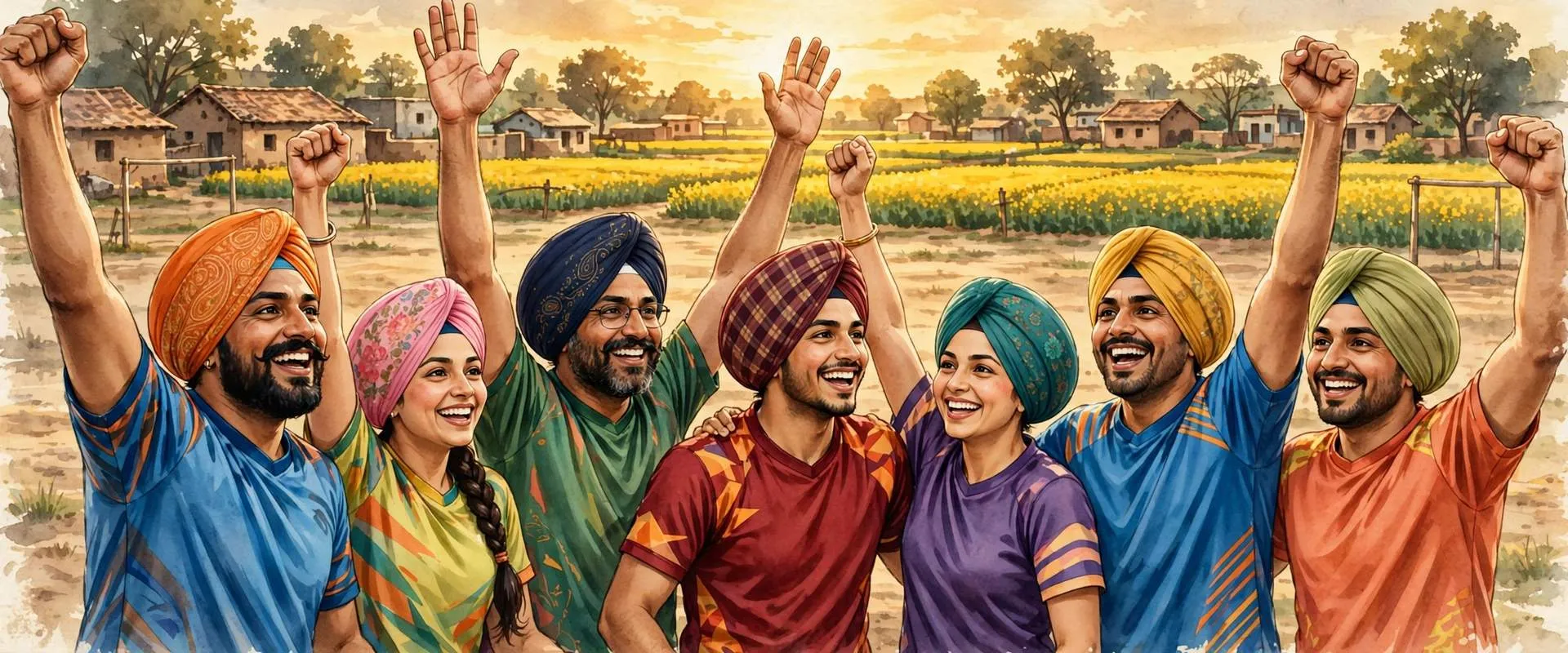 Painterly illustration of a joyful Punjabi sports team in colourful jerseys and turbans cheering with arms and fists raised in encouragement on a village sports ground, with mustard fields and houses behind at golden hour