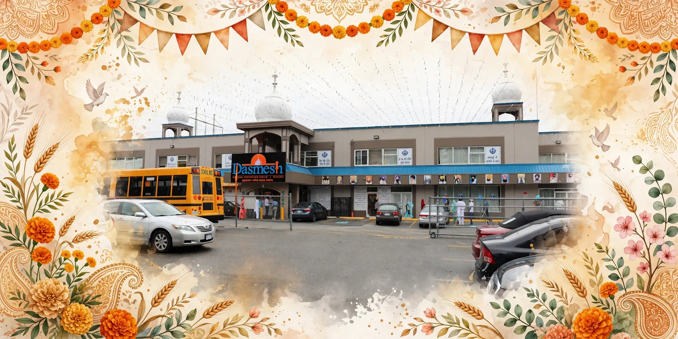 AI-generated editorial design for Jugti, incorporating original photograph of Gurdwara Sahib Dasmesh Darbar, Surrey by Harpreet Sandhu (CC BY-SA 4.0)
