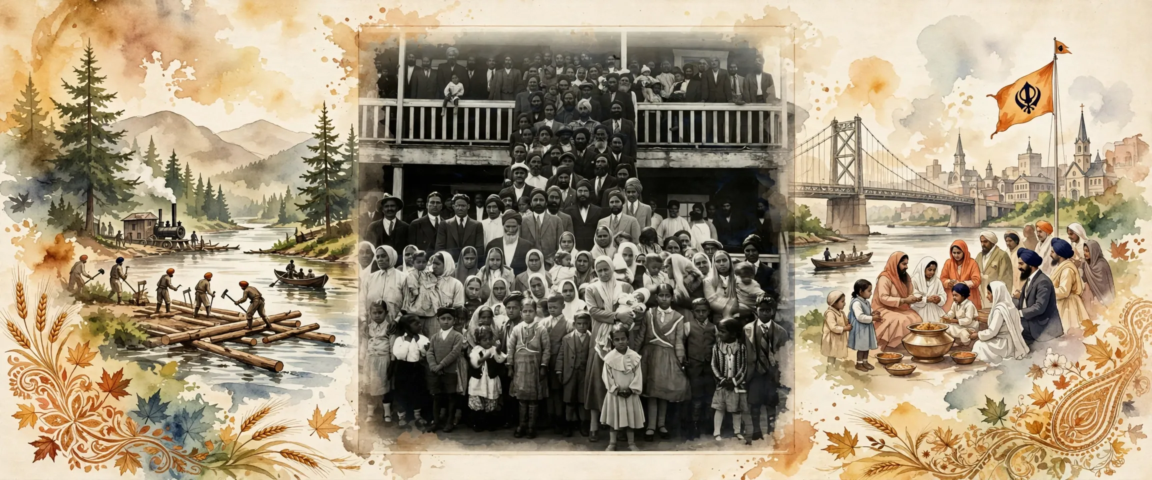 AI-generated editorial design for Jugti, incorporating original photograph of the congregants of Sukh Sagar Gurdwara, New Westminster, 1931 by unknown photographer (public domain)