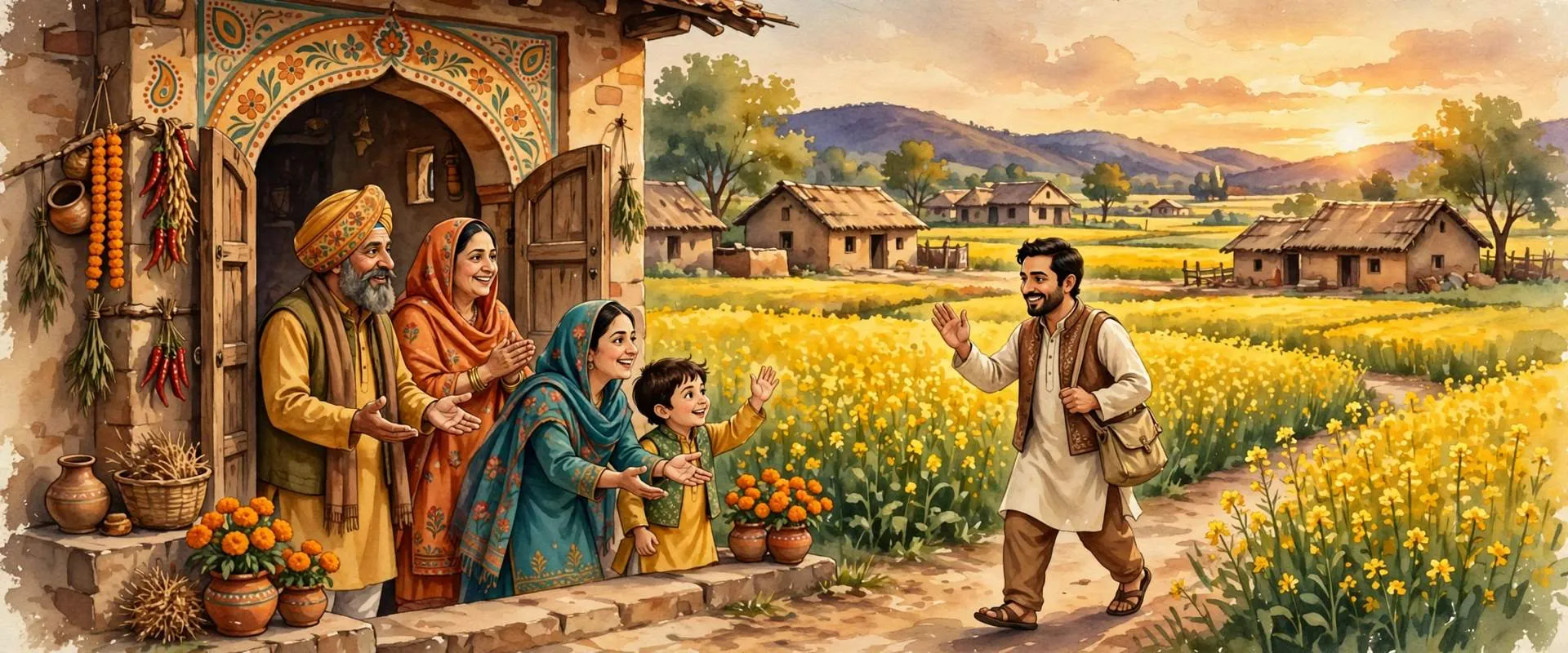 Painterly illustration of a Punjabi family at an open courtyard doorway welcoming a guest who is arriving toward them, village houses and mustard fields behind in late afternoon light