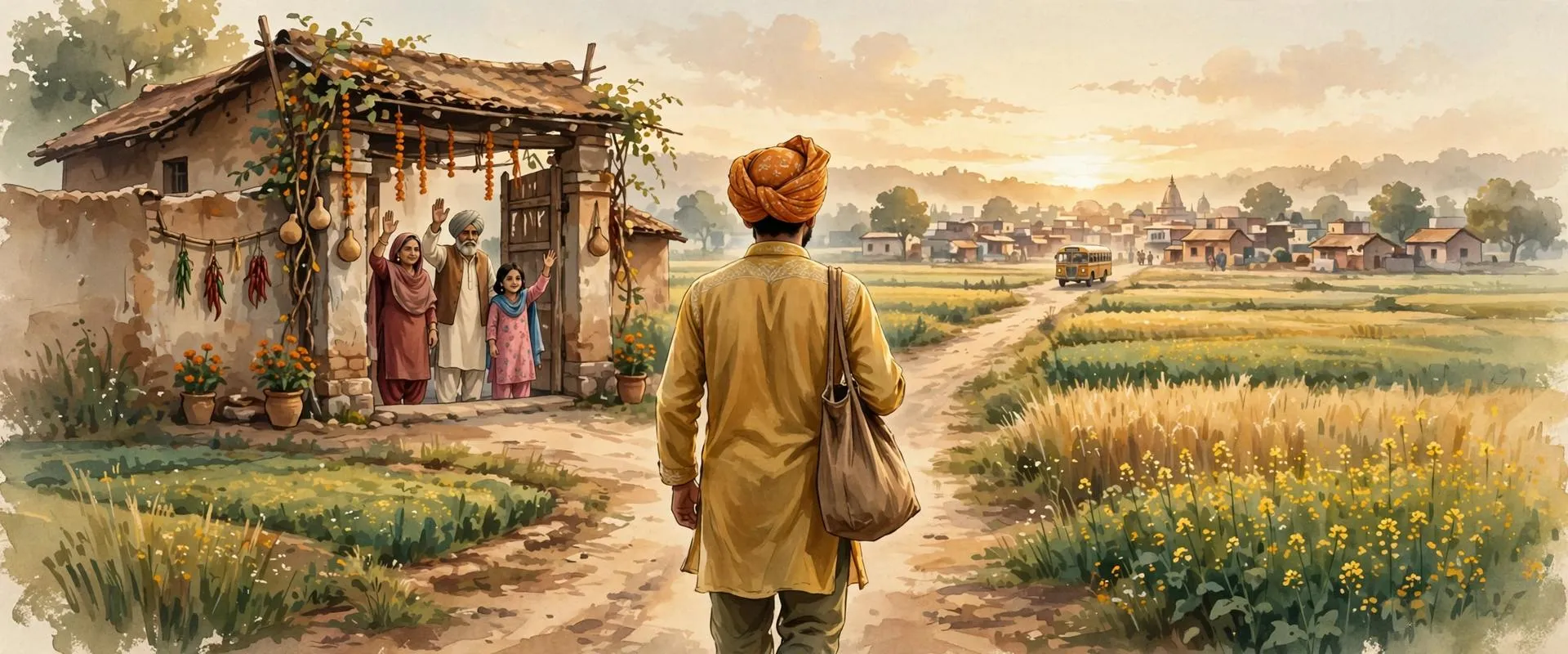 Painterly illustration of a young Punjabi man with a cloth bag over his shoulder walking away down a village path toward a distant town, his family waving from a house gateway behind him