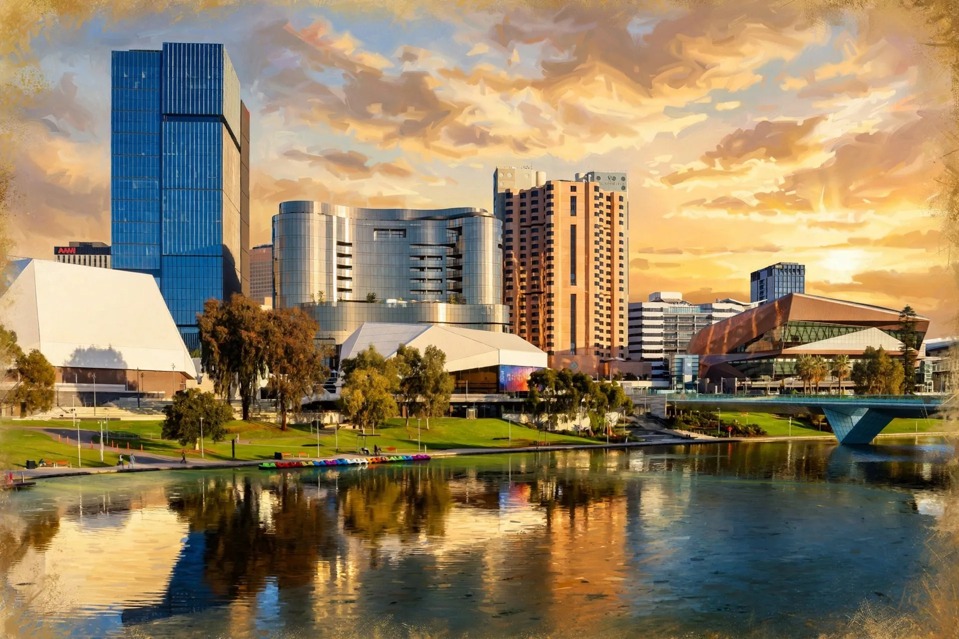 Adelaide city skyline and Festival Centre seen across the River Torrens under a blue sky