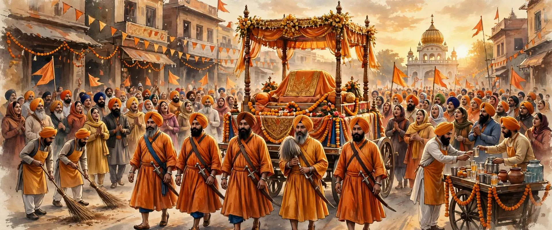 Painterly illustration of a Sikh nagar kirtan procession: saffron-robed Panj Piare leading a flower-decked float carrying the Guru Granth Sahib, sangat singing behind, volunteers sweeping the road and serving drinks