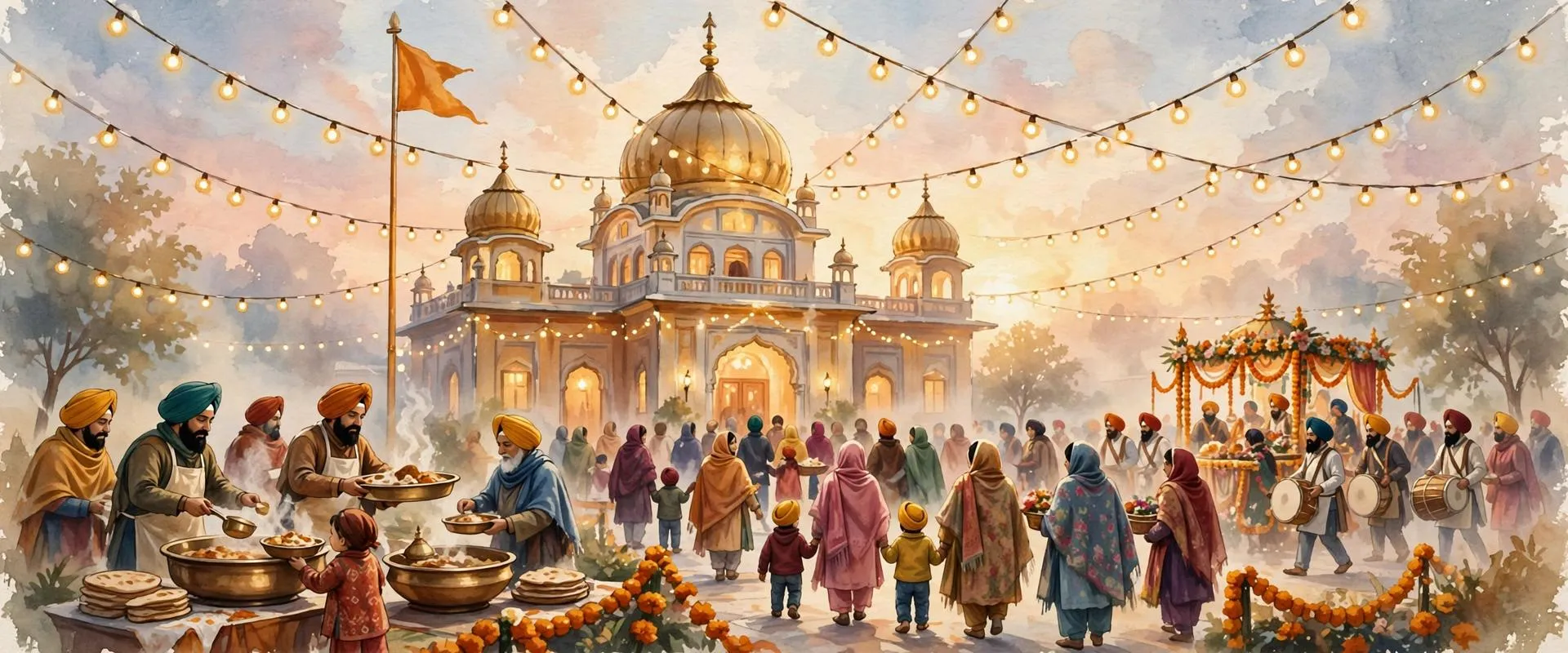 Painterly illustration of a gurpurab celebration at a lit gurdwara at dawn: families arriving, volunteers serving langar, lights strung overhead and a decorated procession float