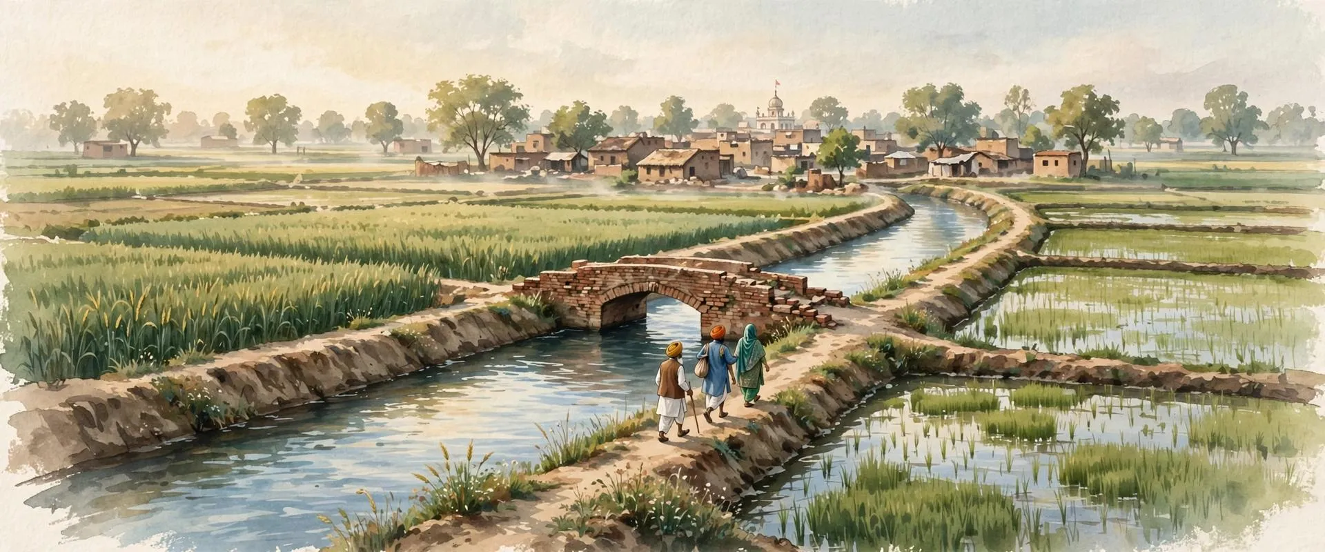 Painterly illustration of a Punjabi irrigation canal carrying clear water between green fields, earthen banks, a small brick bridge and farmers walking along the bank in morning light