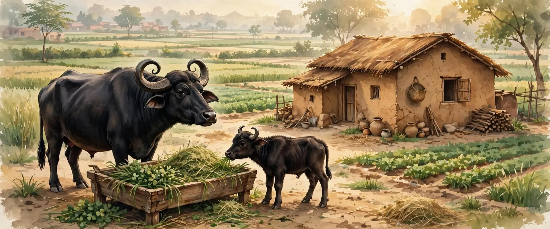 Painterly illustration of a black Punjabi buffalo with tightly curved horns in a village farmyard beside a trough and green fodder, a buffalo calf nearby and fields behind