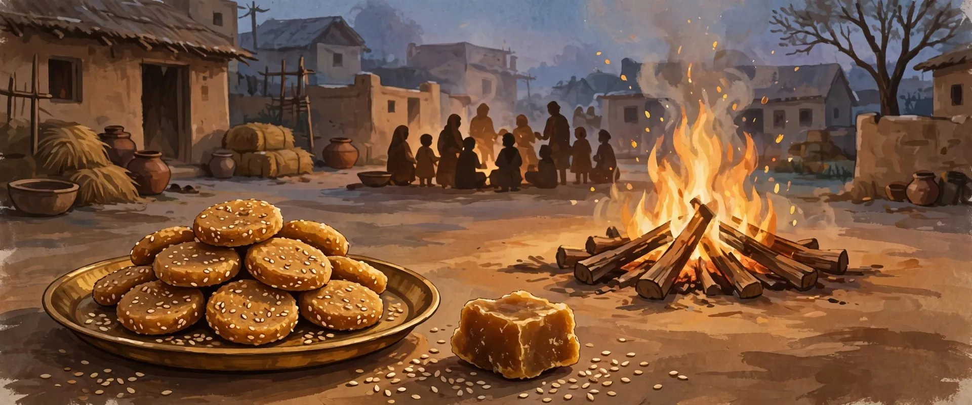 Painterly illustration of rewri, small sesame and jaggery discs on a brass plate beside a Lohri bonfire in a Punjab village courtyard, with a block of jaggery and scattered sesame seeds