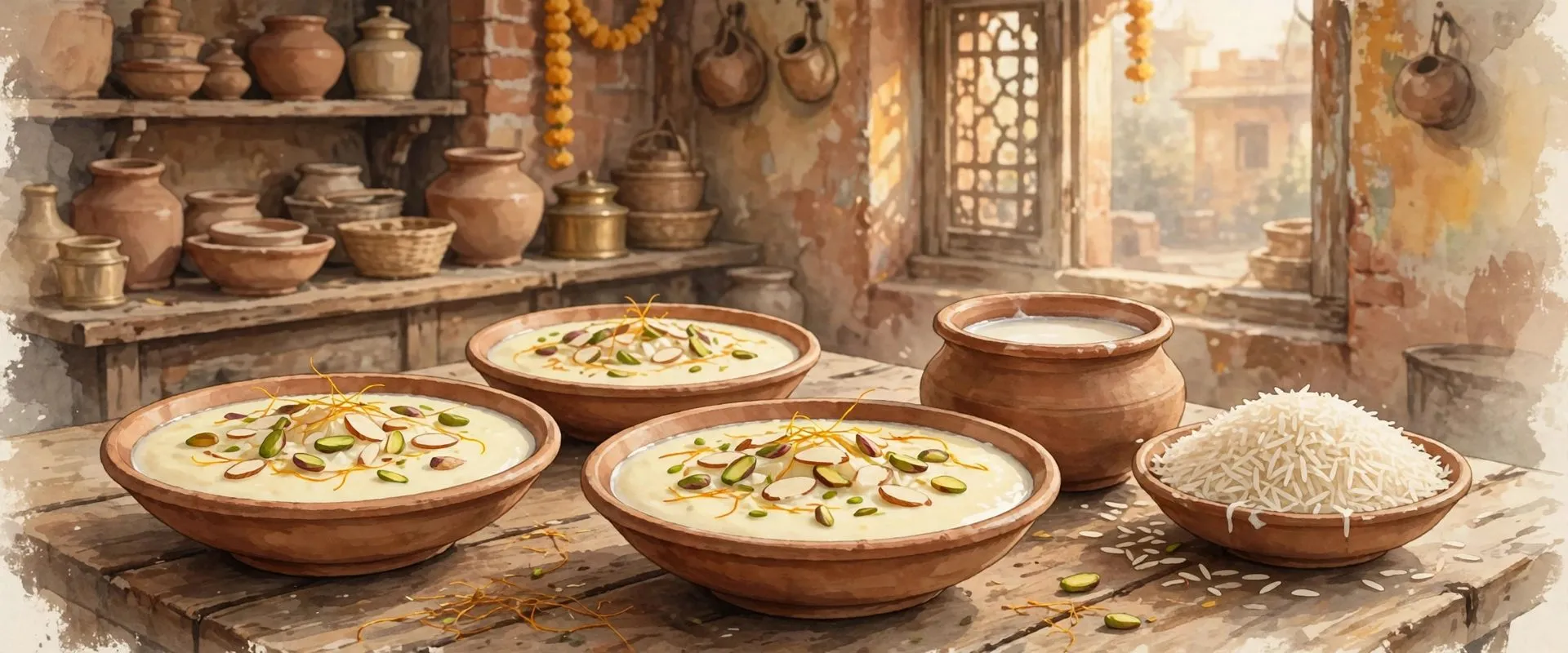 Painterly illustration of phirni served in shallow earthen bowls, garnished with almonds, pistachios and saffron, with basmati rice and a pot of milk in an old Amritsar sweet shop