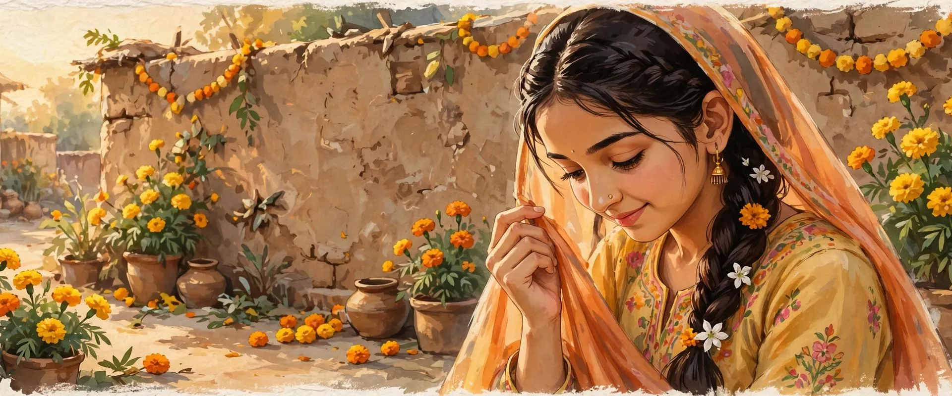 Painterly illustration of a young Punjabi woman in a marigold filled courtyard lowering her eyes with a shy modest smile, holding the edge of her dupatta