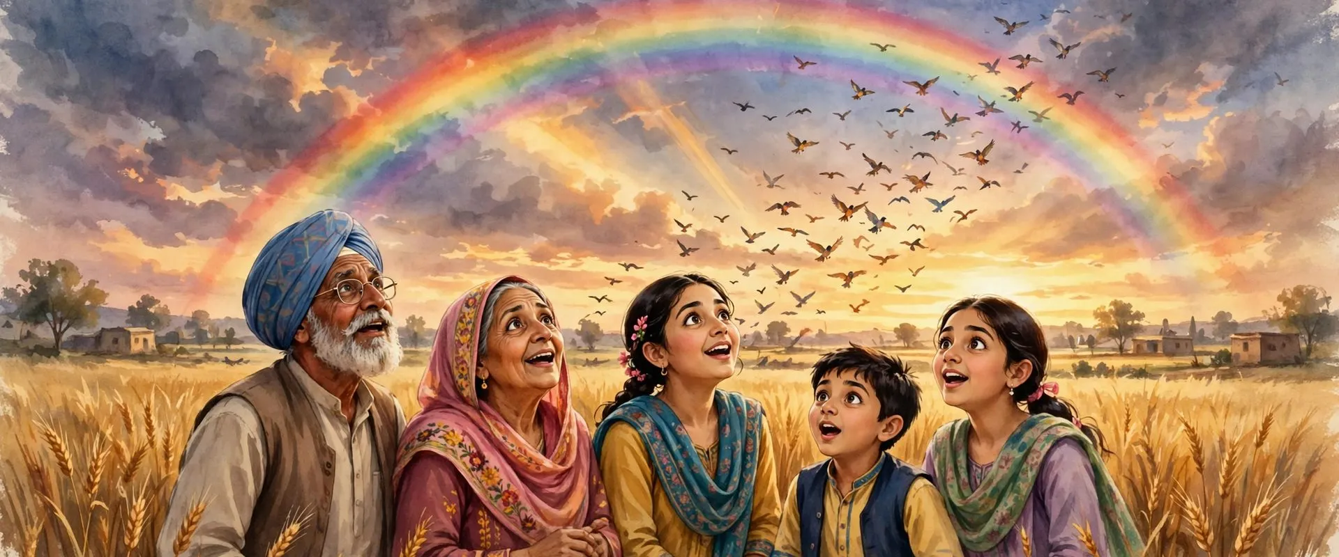 Painterly illustration of Punjabi villagers of all ages in a golden wheat field looking up in wonder at a rainbow and a rising flock of birds