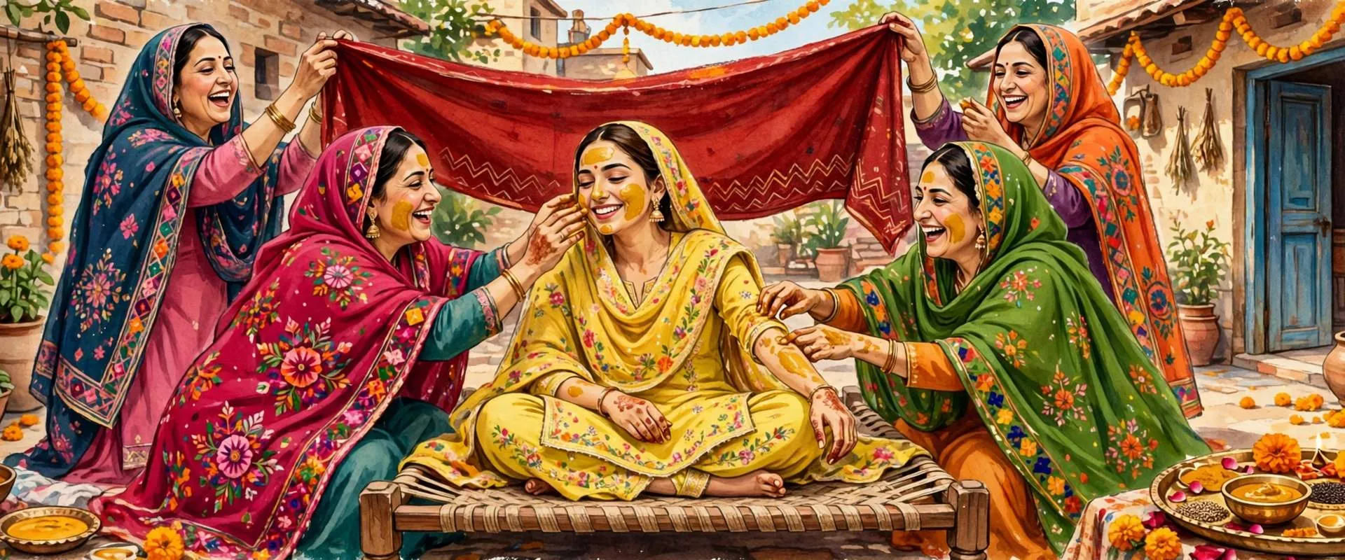 Painterly illustration of a Punjabi maiyan ceremony in a sunny courtyard, a bride in yellow seated under a red cloth while women in phulkari dupattas apply turmeric vatna paste