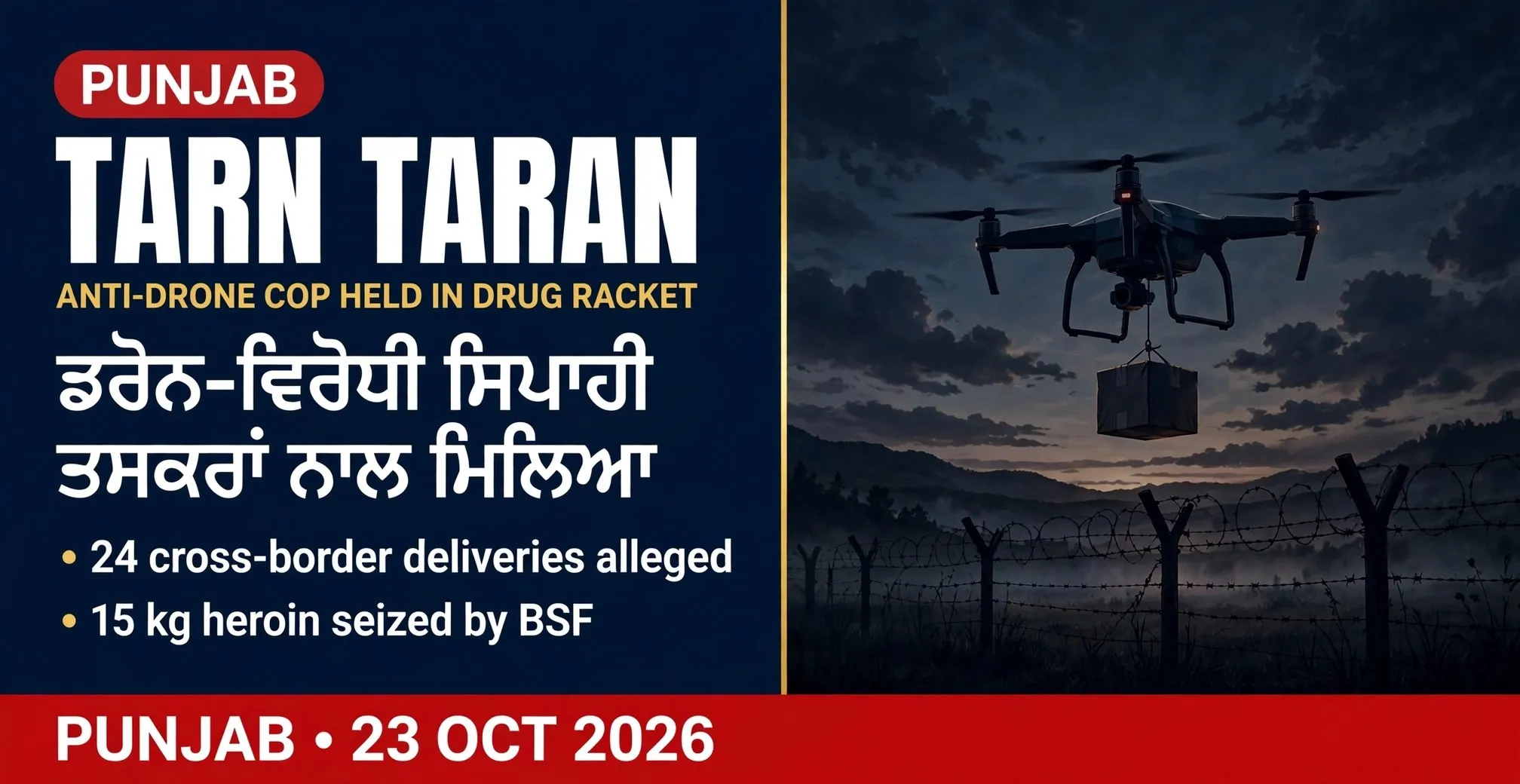 Breaking-news poster: Tarn Taran, anti-drone constable held in drug smuggling probe. AI-generated illustration for Jugti