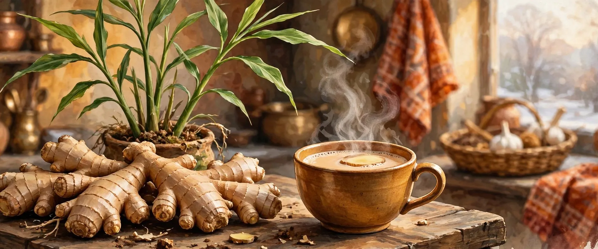 Illustration of fresh ginger rhizomes and a ginger plant next to a steaming cup of ginger chai in a warm kitchen