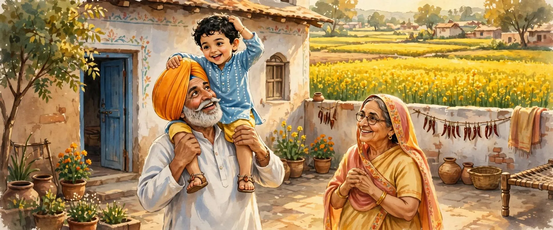 Illustration of a Punjabi grandfather carrying his grandson on his shoulders in a village courtyard with mustard fields behind