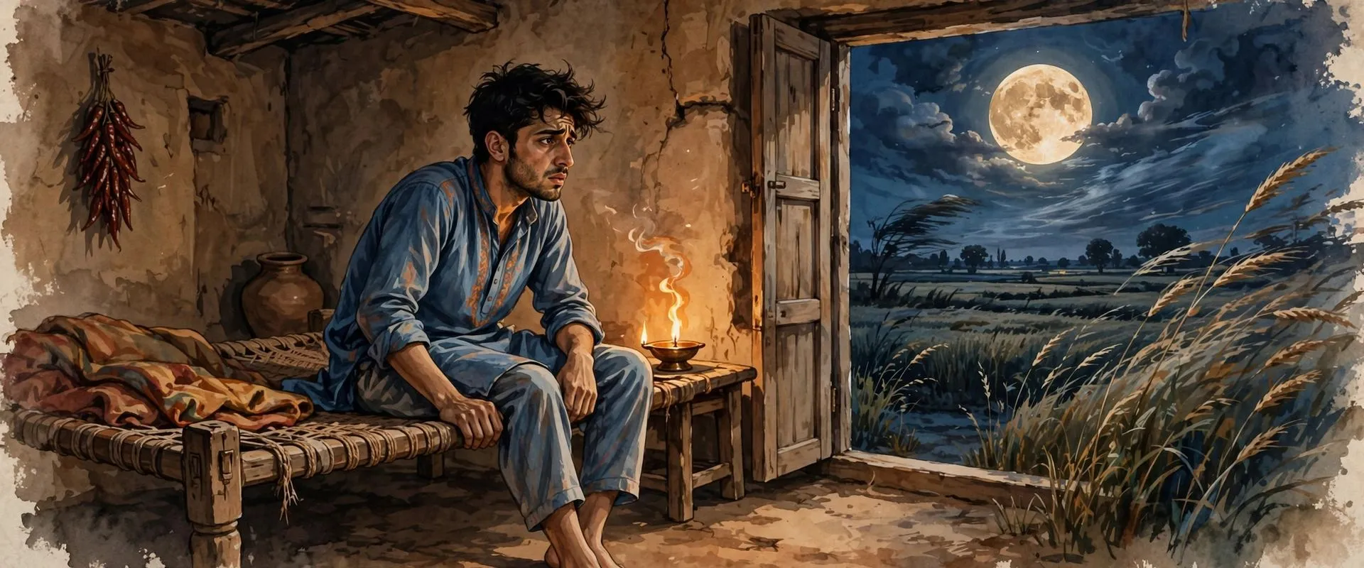 Illustration of a restless young man sitting awake on a charpai at night, looking at the moon over the fields