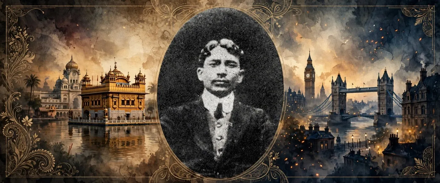 AI-generated editorial design for Jugti, incorporating original photograph of Madan Lal Dhingra by Punjab state archives (public domain)