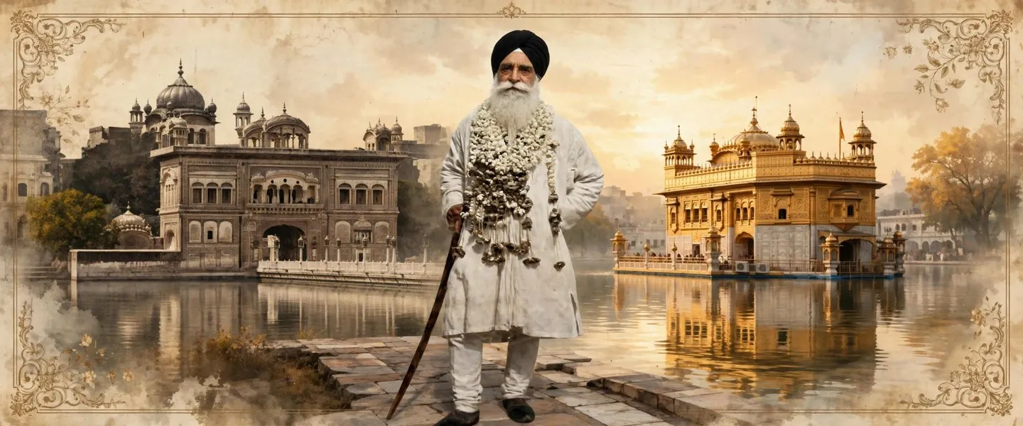 AI-generated editorial design for Jugti, incorporating original photograph of Baba Kharak Singh by unknown photographer (public domain)