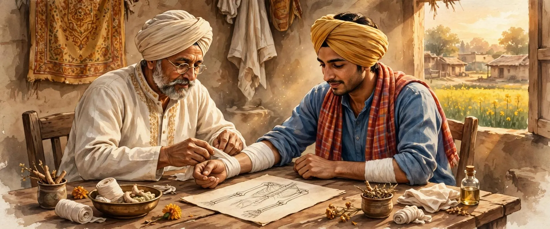 Illustration of a village healer bandaging a young farmer's forearm, with a drawing of arm bones on the table