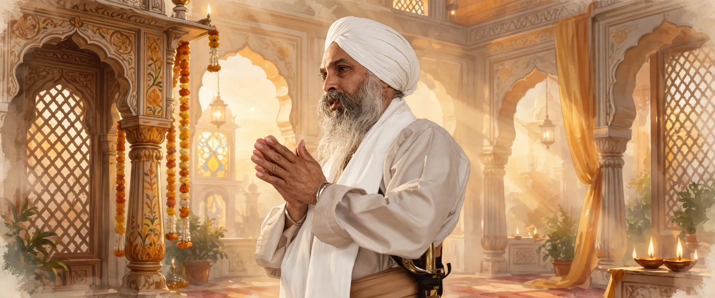 AI-generated editorial design for Jugti, incorporating original photograph of Norang Singh performing Ardas at Handsworth by Hari Singh (public domain)