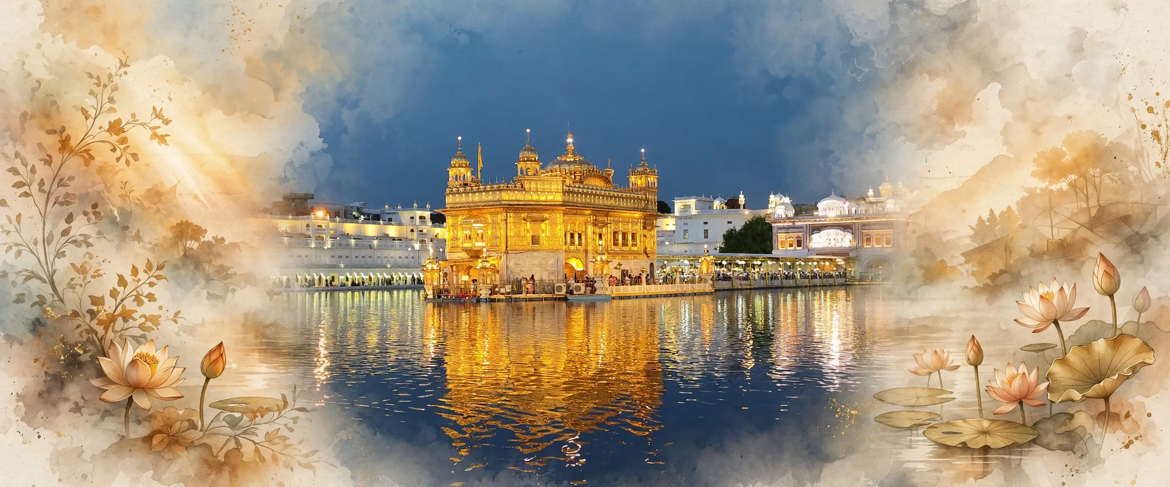 AI-generated editorial design for Jugti, incorporating original photograph of Sri Harmandir Sahib reflected in the Amrit Sarovar at Amrit Vela, Amritsar, by Kavaljeet Singh (CC BY-SA 4.0)