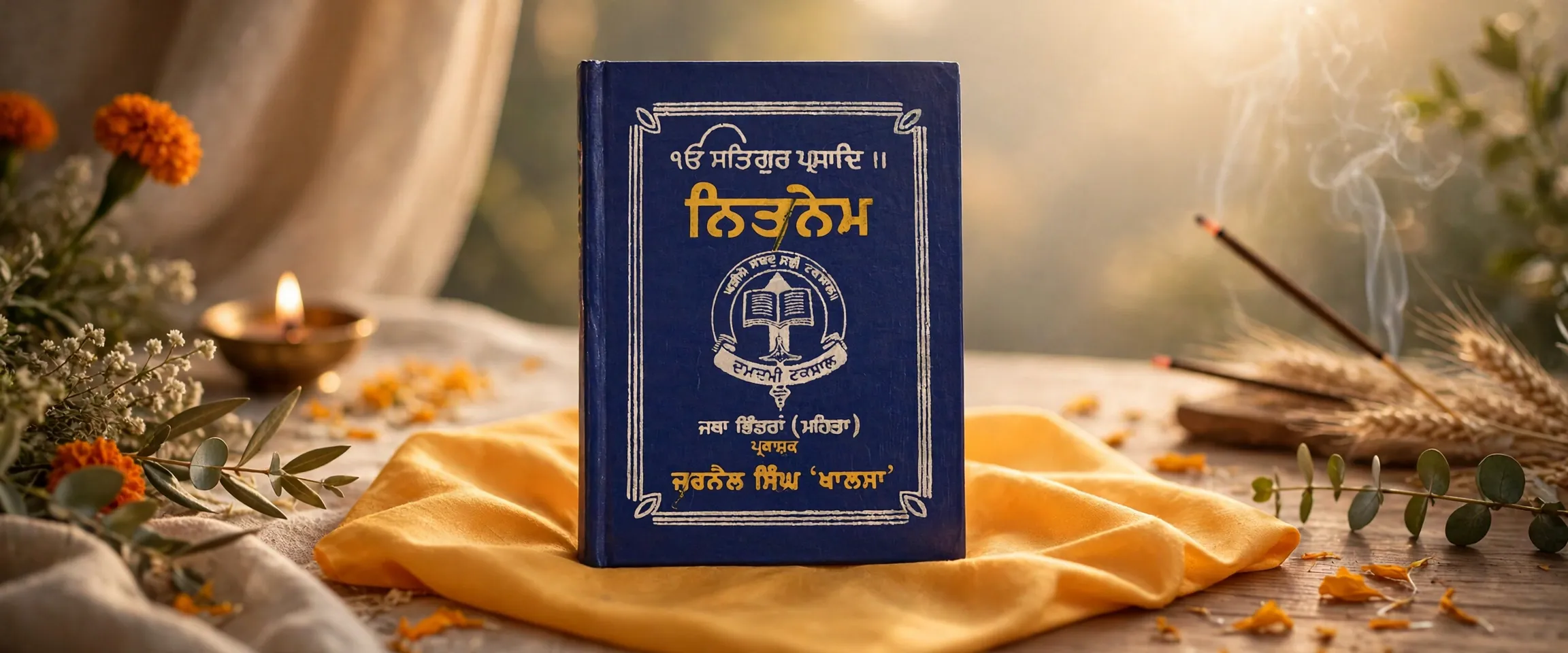 AI-generated editorial design for Jugti, incorporating original photograph of a Nitnem gutka, the Sikh daily prayer book, by Hari Singh (CC BY 2.0)