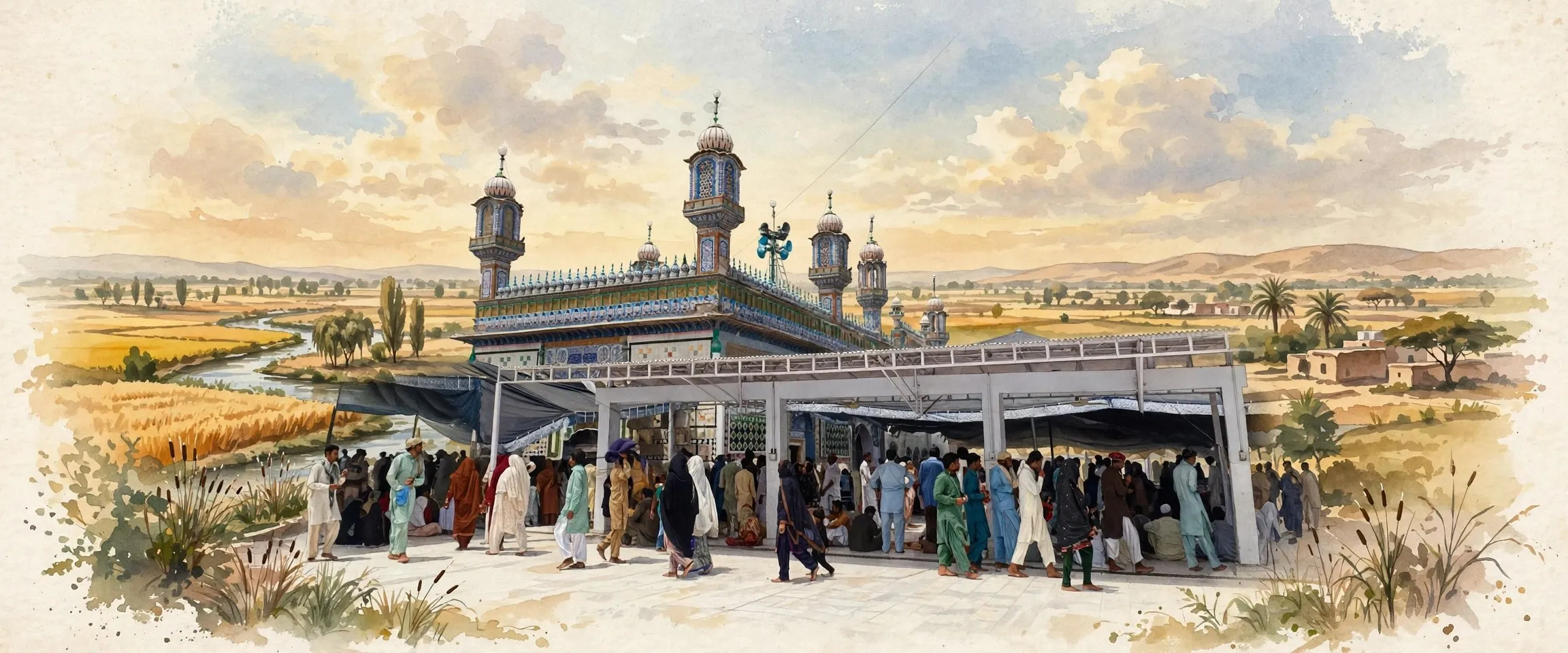AI-generated editorial design for Jugti, incorporating original photograph of the shrine of Sultan Bahu at Garh Maharaja by Jio Lohar Jio (CC BY-SA 4.0)