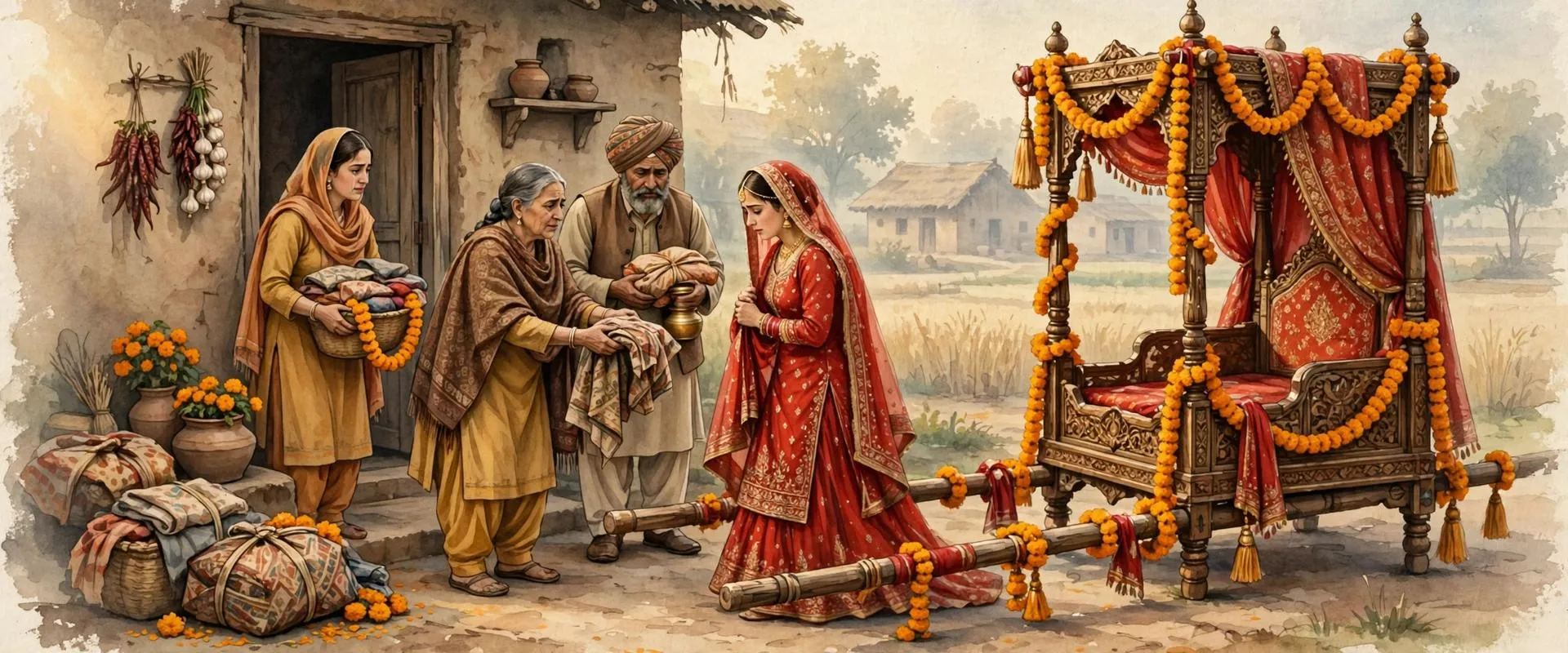 Illustration of a Punjabi bride beside a marigold-decorated doli, receiving clothes and gifts from her parents for the muklawa ceremony