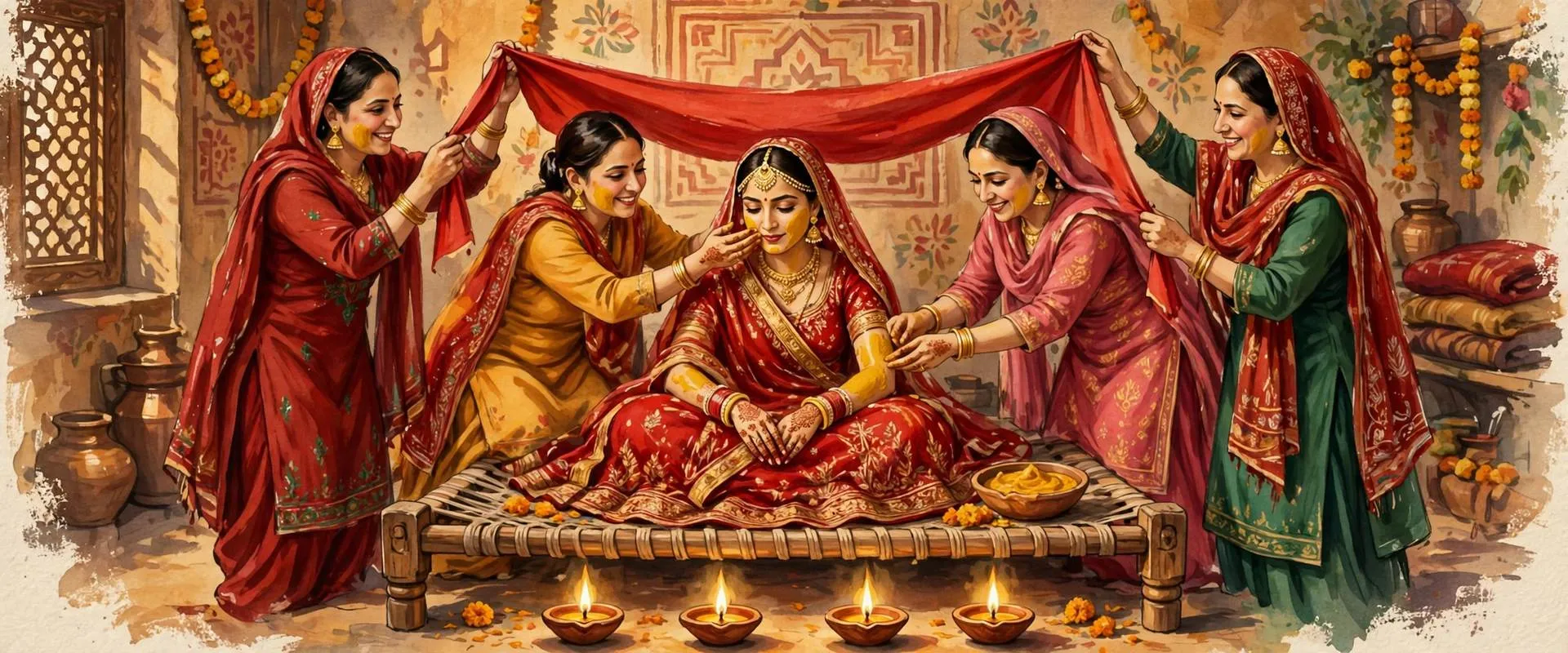 Illustration of women applying yellow vatna paste to a bride seated on a patri under a red cloth, with lit diyas in front