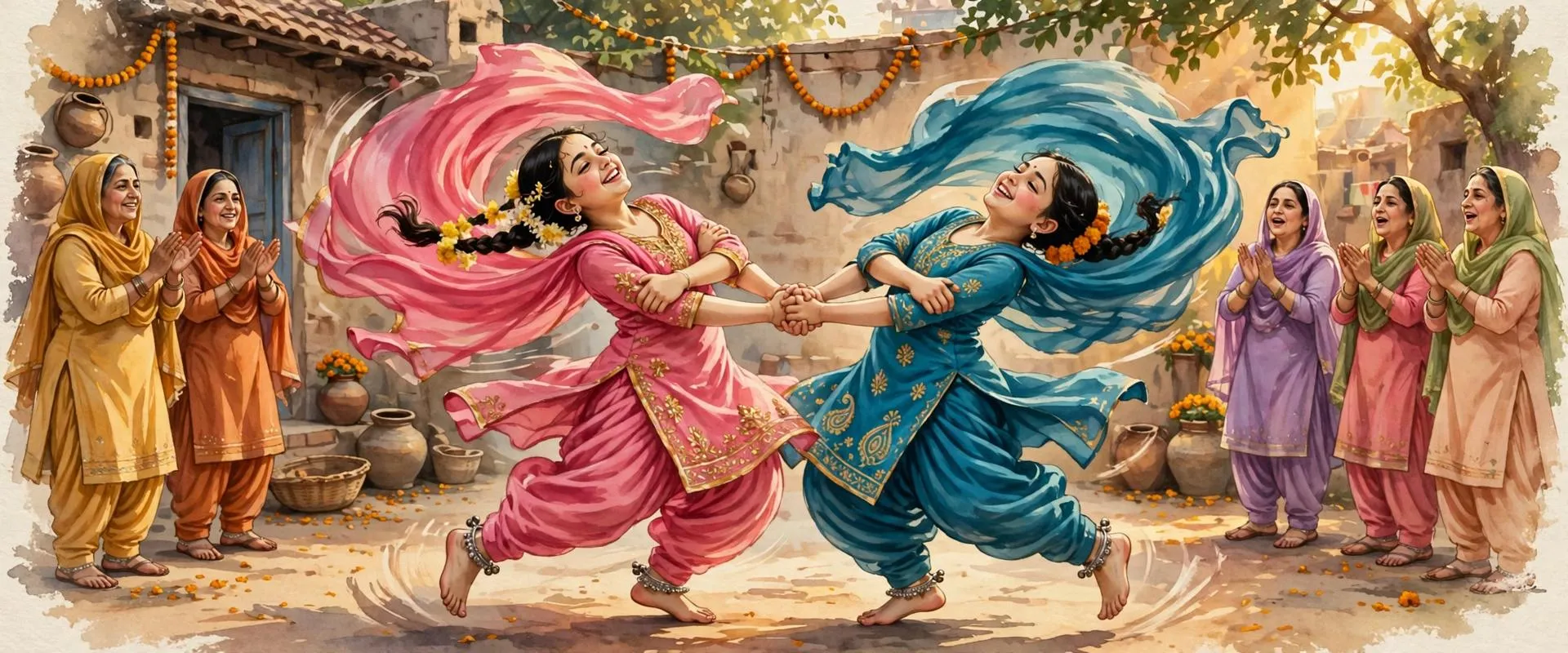 Illustration of two young Punjabi girls holding hands and whirling in the kikli folk dance, dupattas floating, in a village courtyard