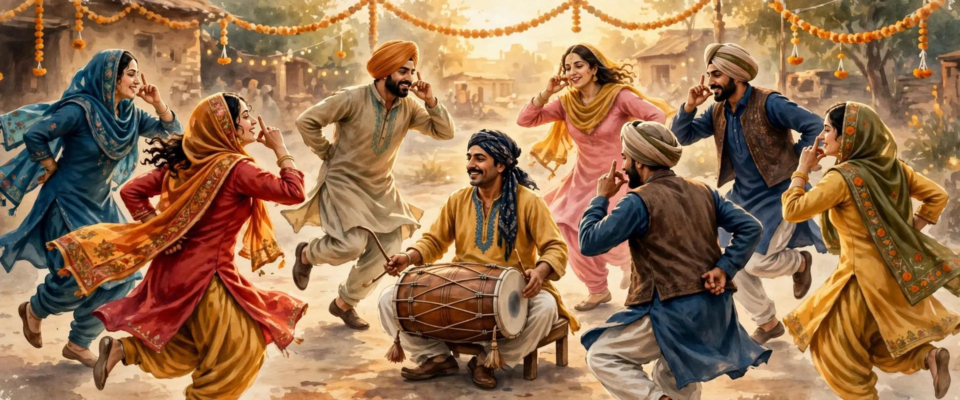 Illustration of Punjabi dancers performing luddi in a circle around a dhol player at a wedding celebration