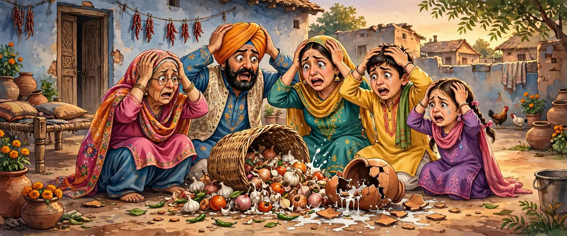 Illustration of a Punjabi family making a dramatic fuss over a toppled basket and broken clay pot in a village courtyard